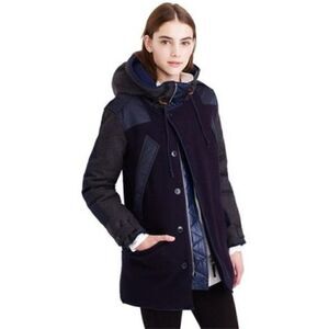 J. Crew Burbridge Mixed Media Parka Coat Navy Charcoal Wool Extra Small XS